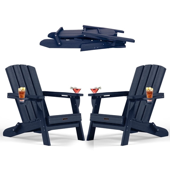 Folding Adirondack Chair set of 2, HDPE All-Weather Lawn Chair with 2 Cup Holder, Patio Garden Outdoors Fire Pit, Navy Blue