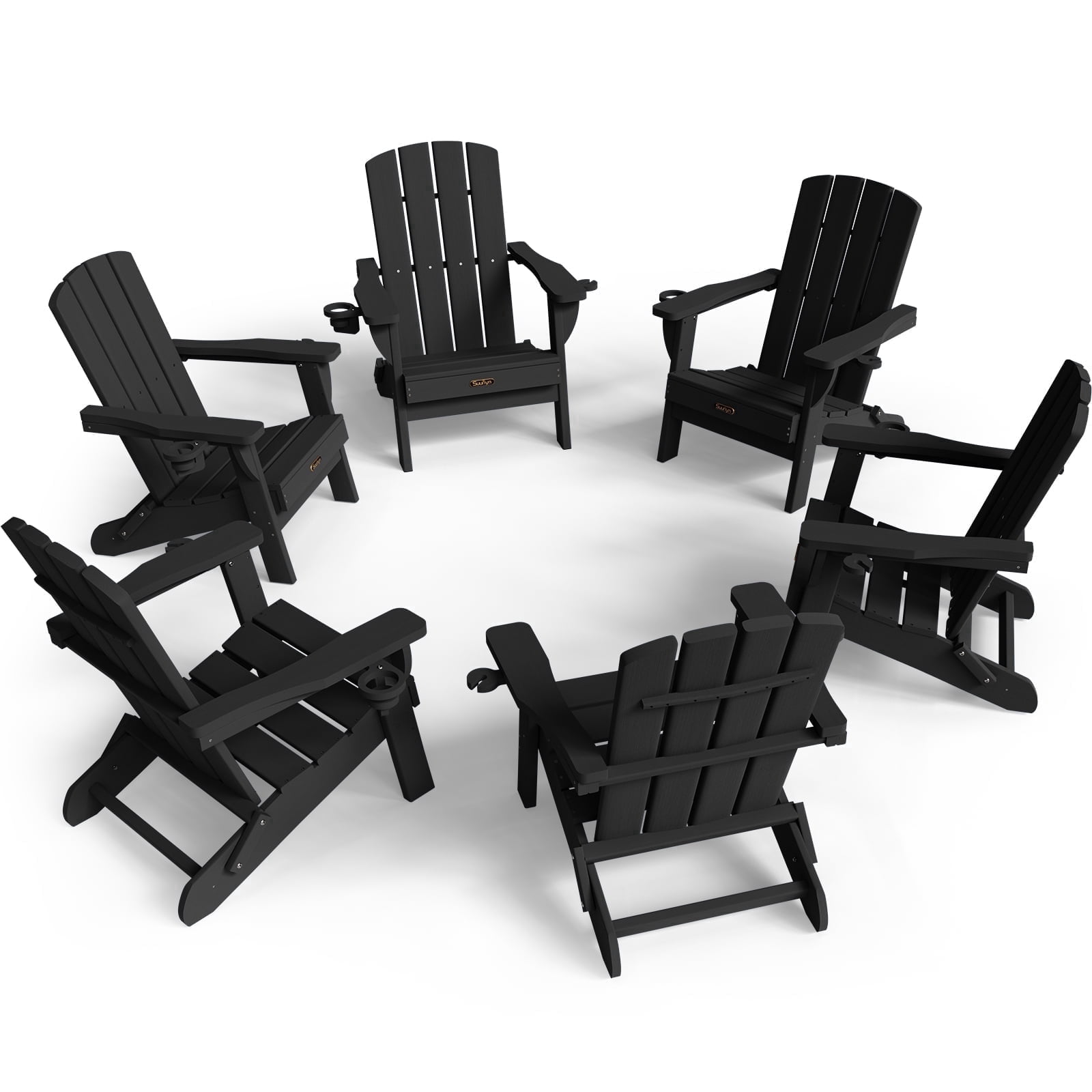 Folding Adirondack Chair set of 6, HDPE All-Weather Lawn Chair with 2 Cup Holder, Patio Garden Outdoors Fire Pit, Black