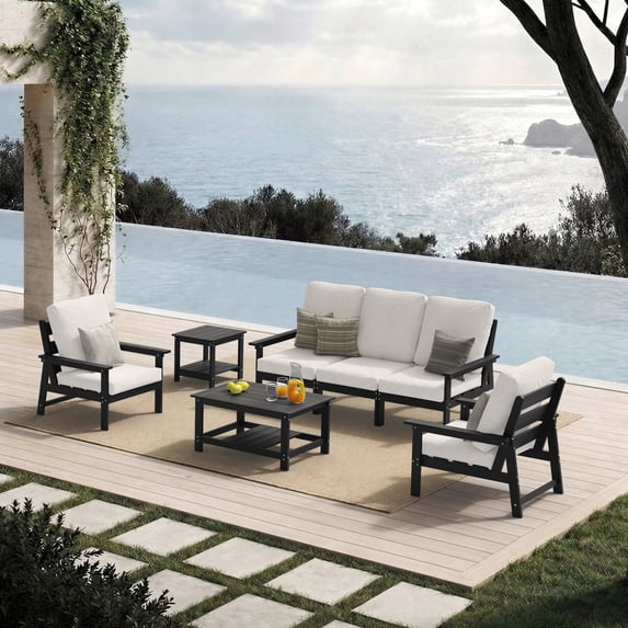 CIOKEA HDPS 7-piece Outdoor Sectional Sofa Set, Patio Furniture Set , All Weather Outdoor Conversation Set for Deck, Lawn, Black Frame with 4.5IN Beige Cushion