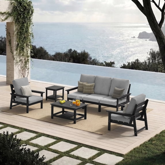 CIOKEA HDPS 7-piece Outdoor Sectional Sofa Set, Patio Furniture Set , All Weather Outdoor Conversation Set for Deck, Lawn, Black Frame with 4.5IN Gray Cushion