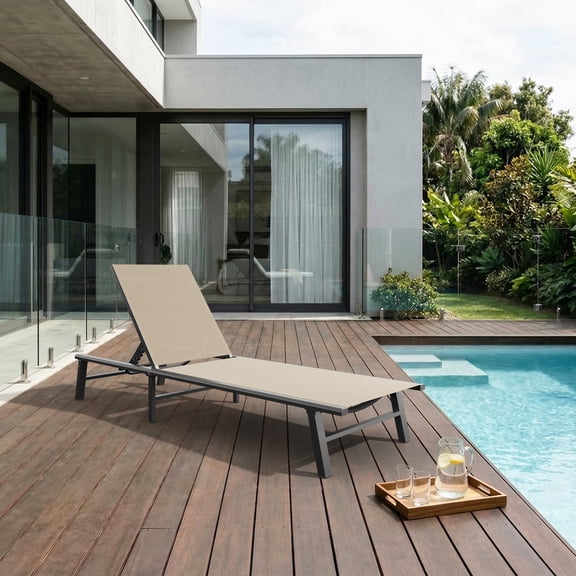 CIOKEA Outdoor Lounge Chair, Foldable Aluminum Pool Chaise Lounge with 5 Positions Recliner, No Assembly, Off White