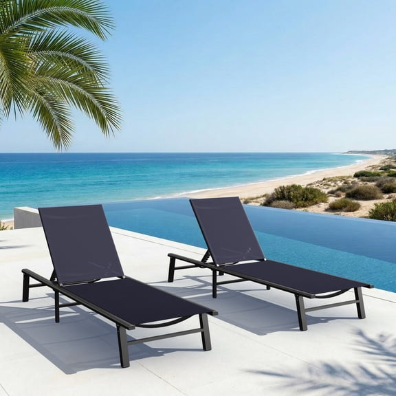 CIOKEA Outdoor Lounge Chair Set of 2, Foldable Aluminum Pool Chaise Lounge with 5 Positions Recliner, No Assembly, Blue