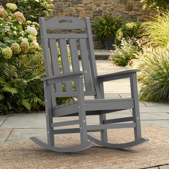 Outdoor Oversized Rocking Chair, HDPE High Back Patio Rocking Chairs, All Weather Lumber Porch Rockers for Outside, Classic Gray