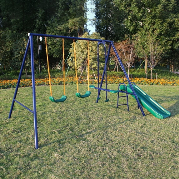 CIPACHO 124" A-Frame Metal Swing Set with Slide, Kids Outdoor Swing Set Toys, Blue