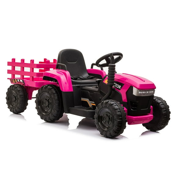 CIPACHO 12V Battery-Powered Toy Tractor with Trailer and 35W Dual Motors, 3-Gear-Shift Ground Loader Ride On with LED Lights and USB Audio Functions, Pink