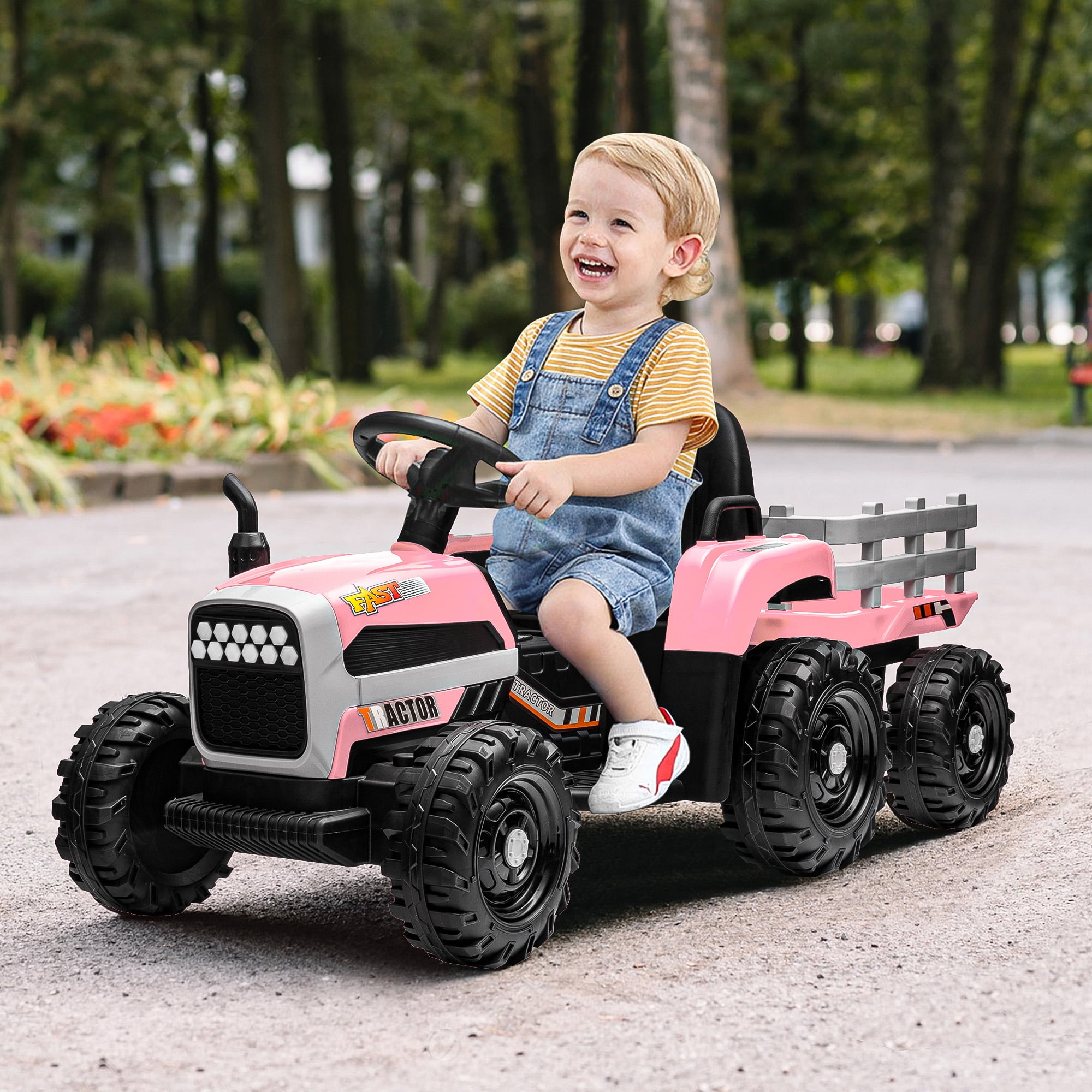 Costway 12V Kids Ride On Tractor with Trailer Ground Loader w/Remote  Control &LED Lights 