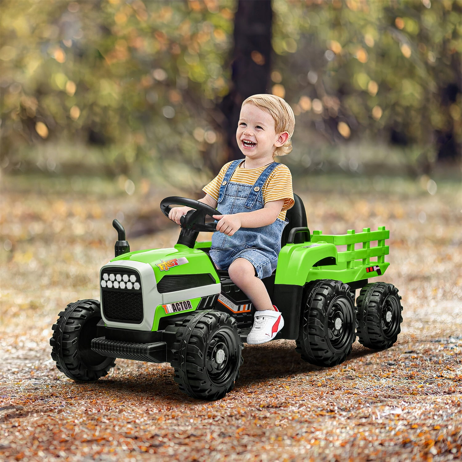 CIPACHO 12V Electric Tractor Toy with Trailer, Ground Loader Ride On for Kids with 3-Gear-Shift, Green