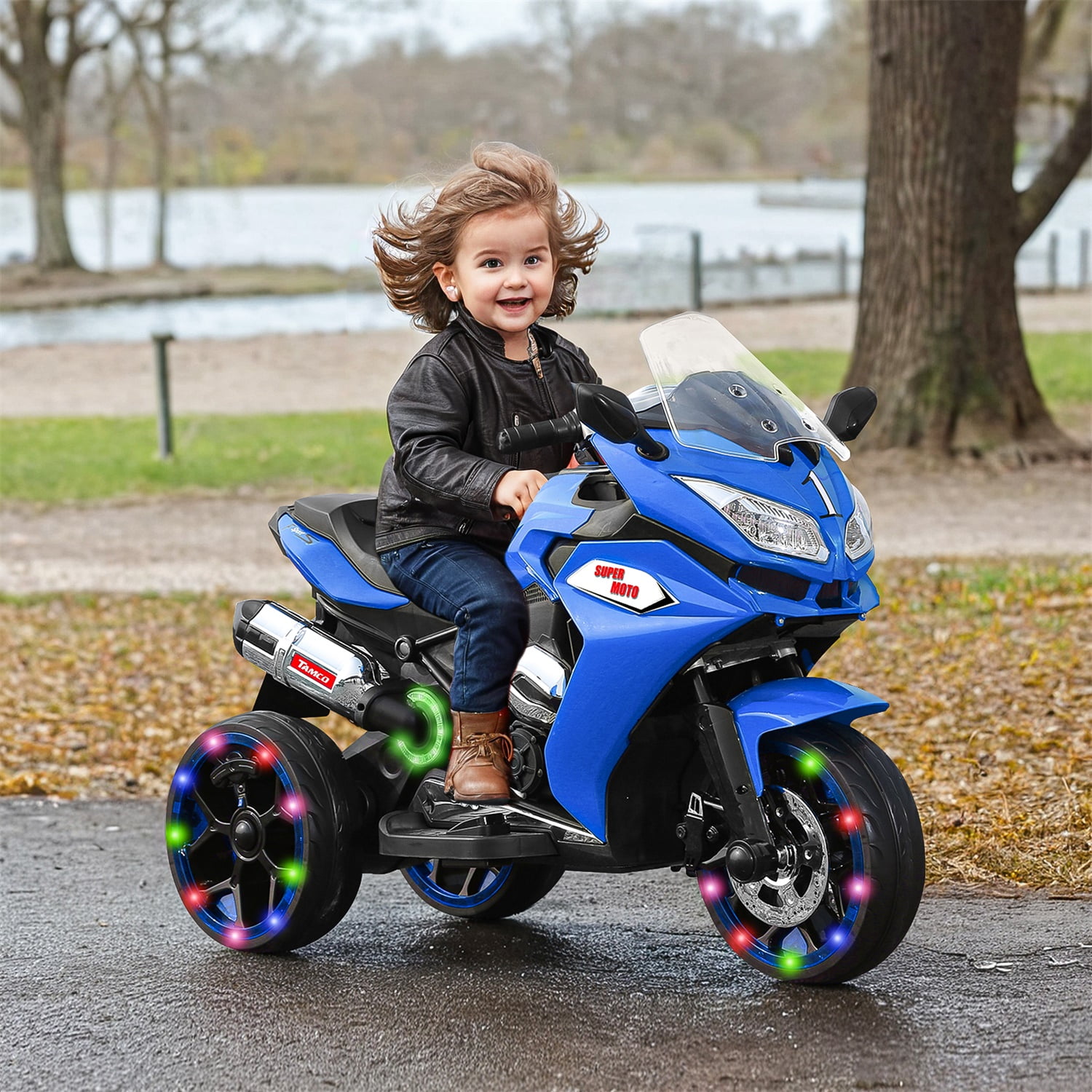 CIPACHO 12V Kids Electric Motorcycle, Electric Ride On Car Toys with 3 Lighting Wheels Trike Motorcycle for Boys and Girls, Blue