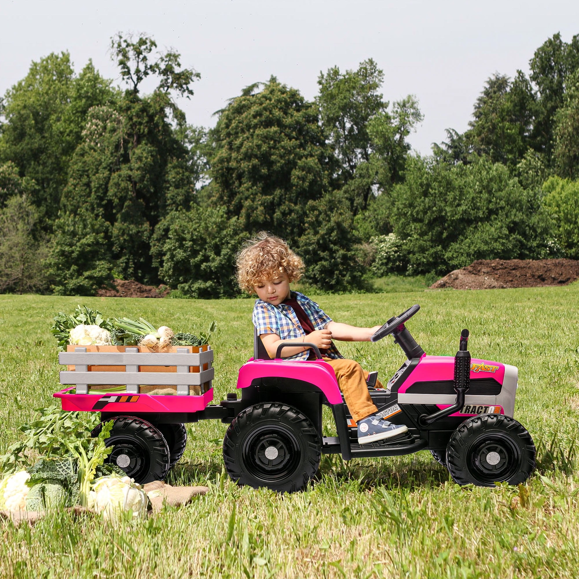 CIPACHO 12v Battery-Powered Kids Toy Tractor with Trailer and 3-Gear-Shift Ground Loader Ride On with USB&Bluetooth Audio Functions, Red CIPACHO 12v Battery-Powered Kids Toy Tractor with Trailer and 3-Gear-Shift Ground Loader Ride On with USB&Bluetooth Audio Functions, Red
