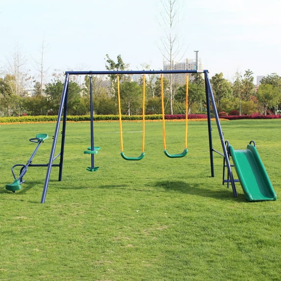 CIPACHO 137" A-Frame Metal Swing Set with Slide, Seesaw, Kids Outdoor Swing Set Toys, Blue