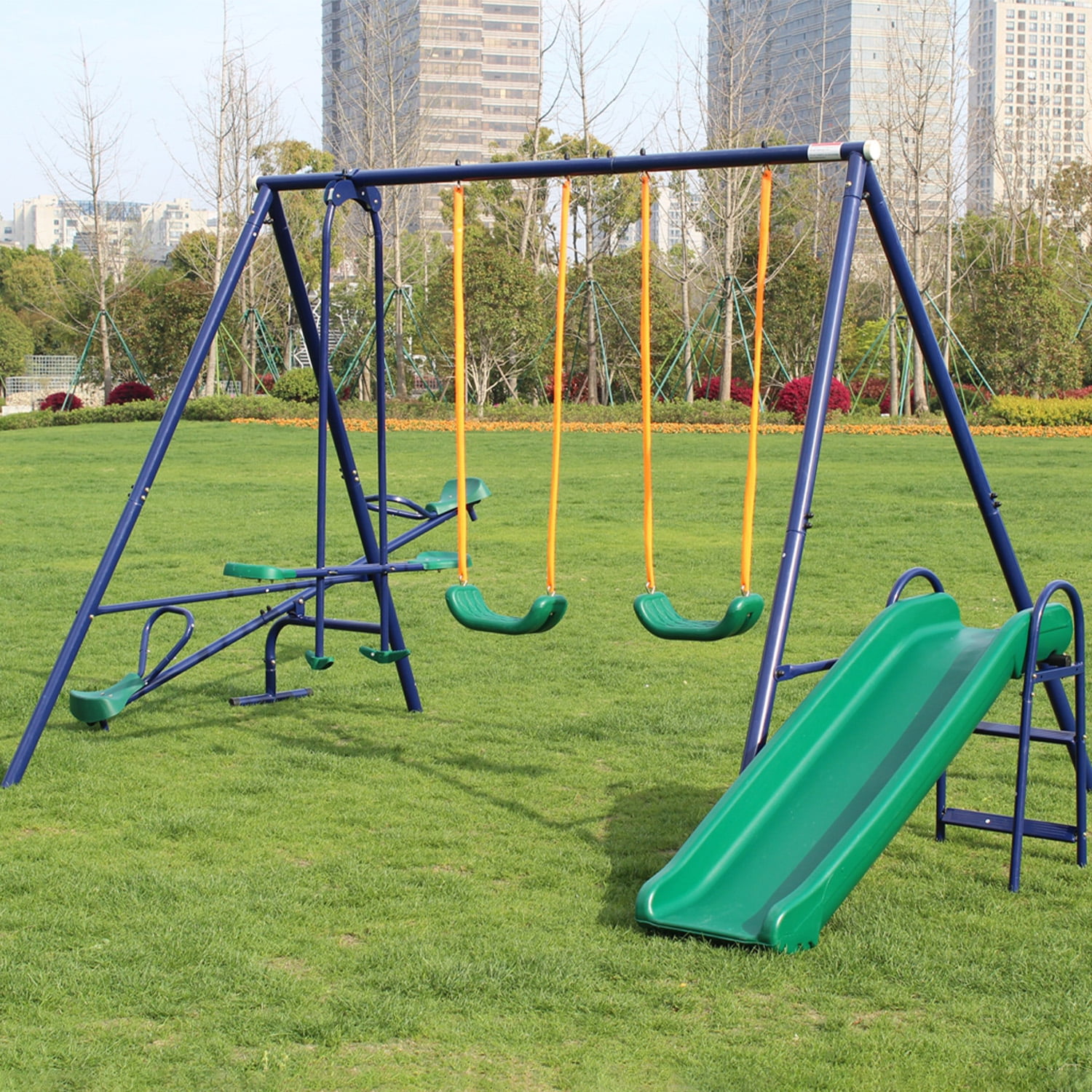 Blue Metal Outdoor Swing Set with Slide and Glider