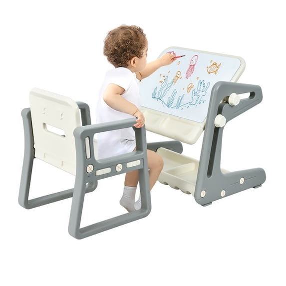 CIPACHO 2 in 1 Kids Easel Table and Chair Set with Adjustable Art Painting Board, Art Easel for Kids Ages 3-6, Educational Toys Gifts for Boys Girls, Blue