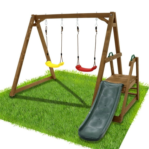 CIPACHO 2 in 1 Outdoor Wooden Swing Set with Slide for Kids Climbing Rope Ladder Backyard Playset