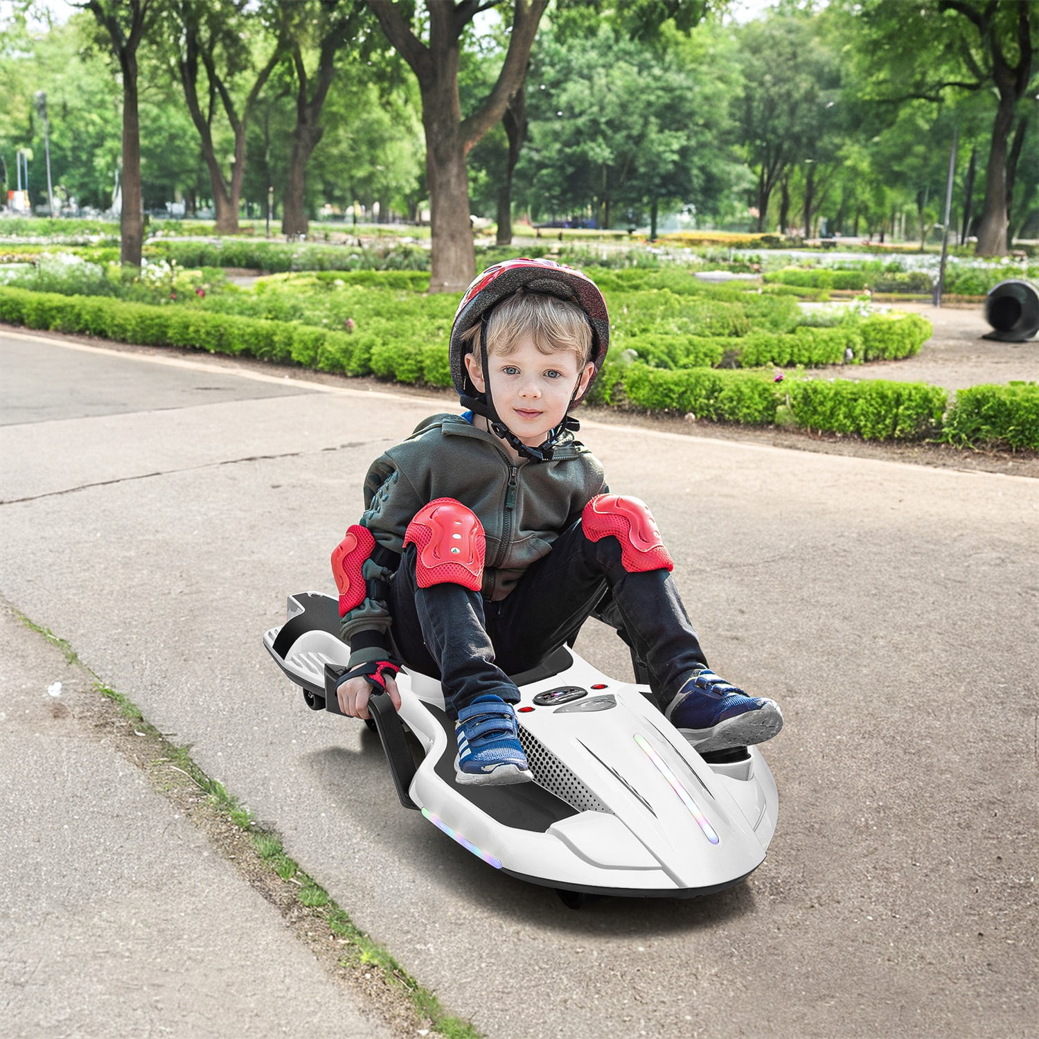 CIPACHO 24V Kids Ride On Car with Helmet Knee Pads, Crazy Cart with Spray function, Gravity Steering, Use for 1-2 hours, White CIPACHO 24V Kids Ride On Car with Helmet Knee Pads, Crazy Cart with Spray function, Gravity Steering, Use for 1-2 hours, White