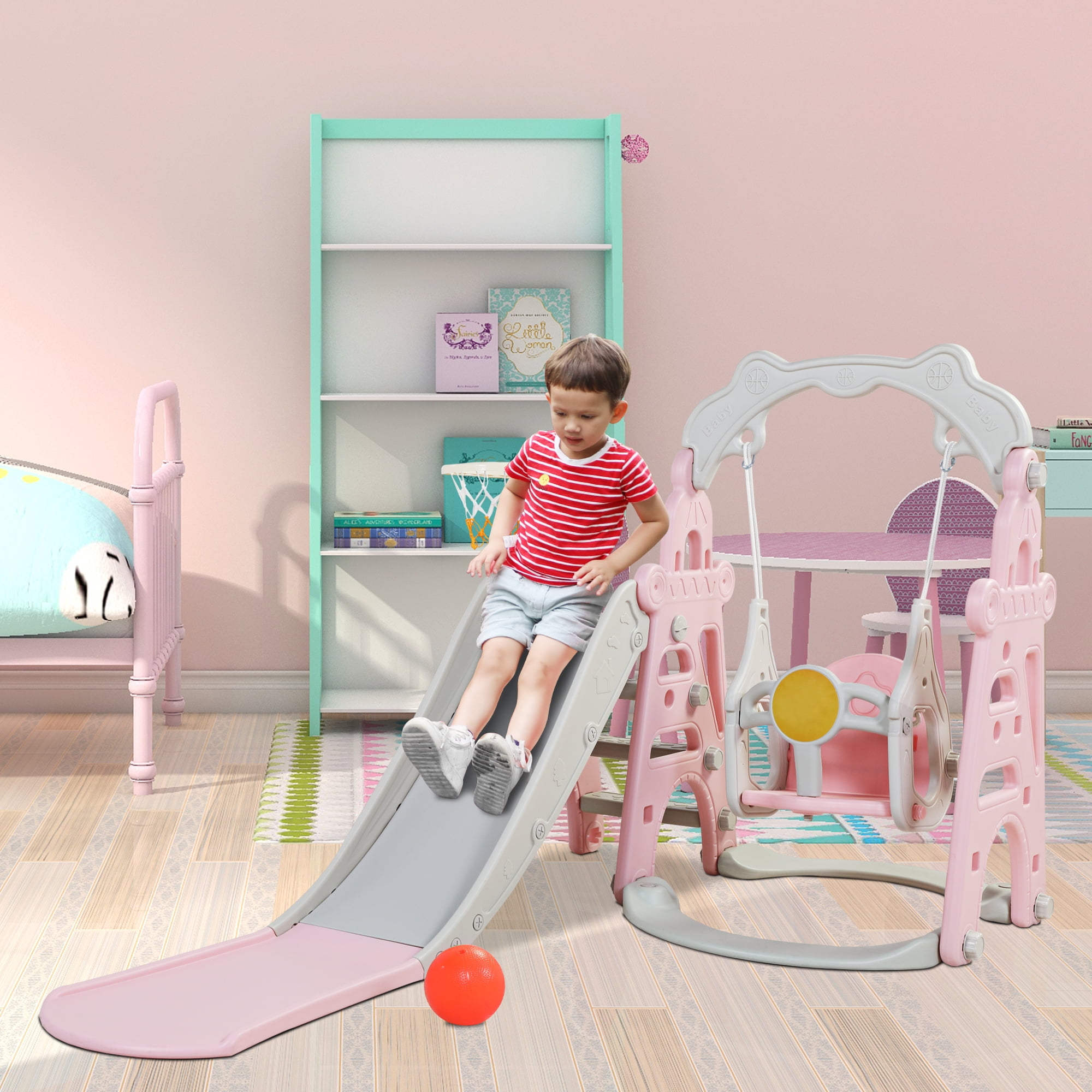 CIPACHO 3 in 1 Toddler Slide and Swing Set, Kids Play Climber Slide Playset with Basketball Hoop, Extra-Long Slide, Baby Slide for Indoor Outdoor, Pink+Gray