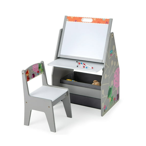 CIPACHO 3 in 1 Kids Easel and Play Station Convertible with Chair and Storage Bins, Art Easel for Kids Ages 3-8, White Board Easel, Gray