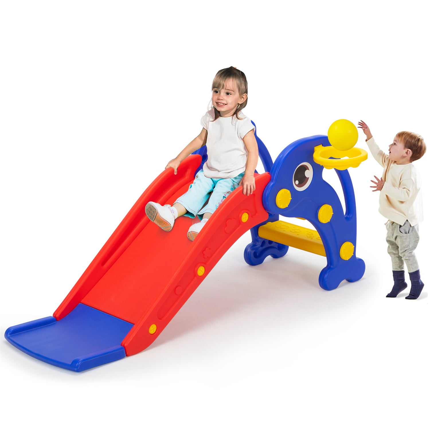 CIPACHO 3 in 1 Kids Freestanding Slide, Indoor Outdoor Toddler Play Set with Basketball Hoop, Ball, Dolphin Pattern, Red CIPACHO 3 in 1 Kids Freestanding Slide, Indoor Outdoor Toddler Play Set with Basketball Hoop, Ball, Dolphin Pattern, Red