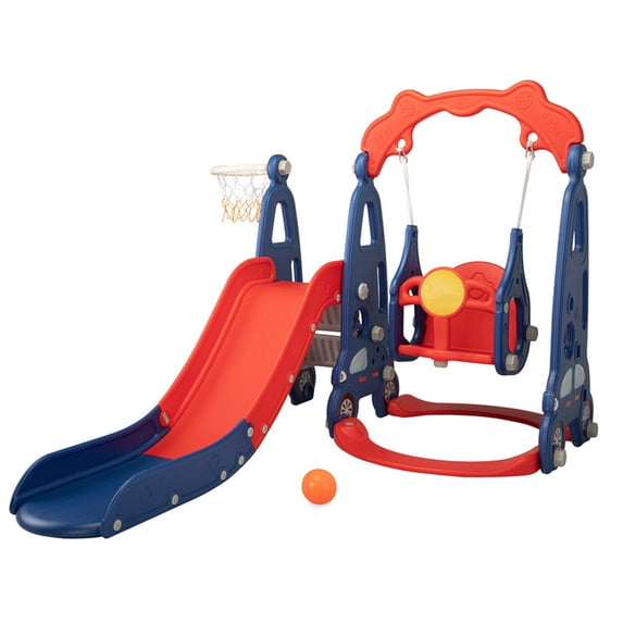 CIPACHO 3-in-1 Kids Slide and Swing Set with Basketball Hoop, HDPE Red, Indoor Outdoor Use