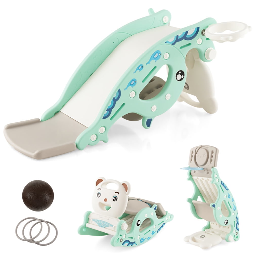CIPACHO 4-in-1 Kids Slide Rocking Horse with Basketball and Ring Toss, Kids Outdoor Play Equipment, Green CIPACHO 4-in-1 Kids Slide Rocking Horse with Basketball and Ring Toss, Kids Outdoor Play Equipment, Green