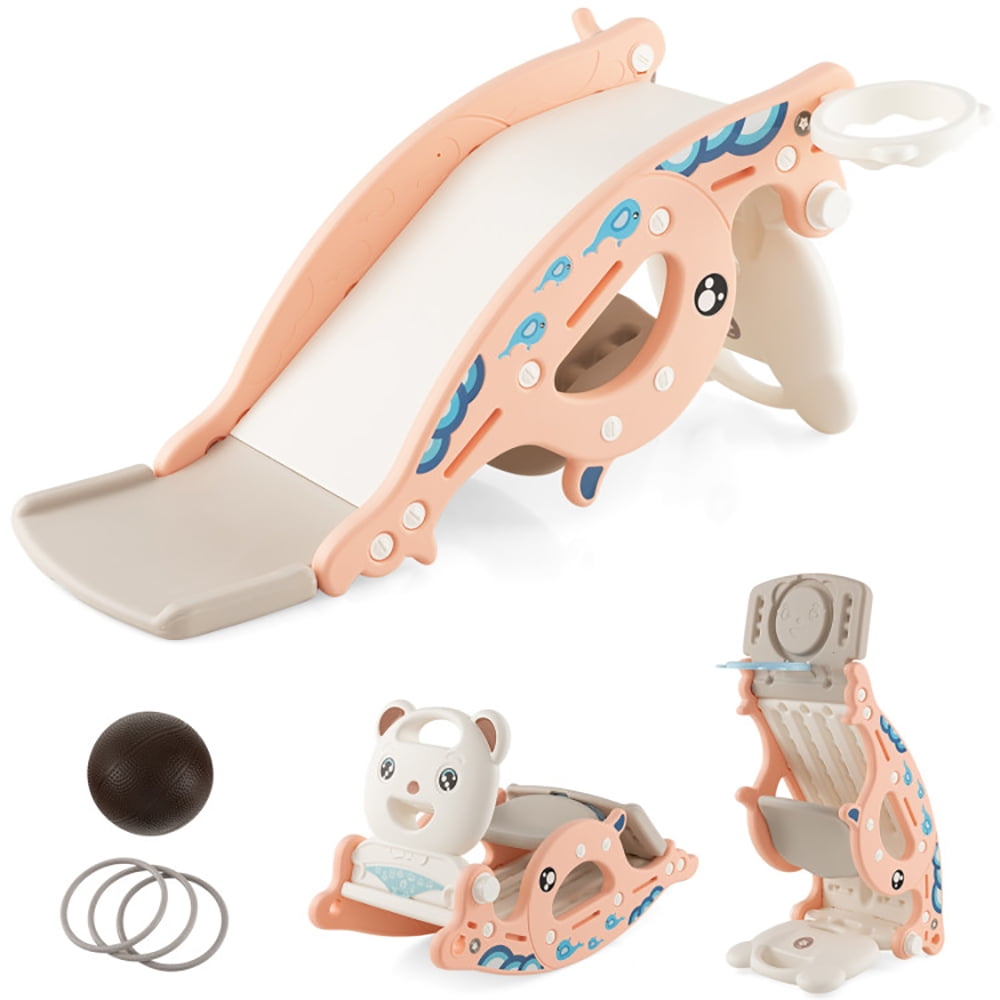 CIPACHO 4-in-1 Kids Slide Rocking Horse with Basketball and Ring Toss, Kids Outdoor Play Equipment, Pink CIPACHO 4-in-1 Kids Slide Rocking Horse with Basketball and Ring Toss, Kids Outdoor Play Equipment, Pink