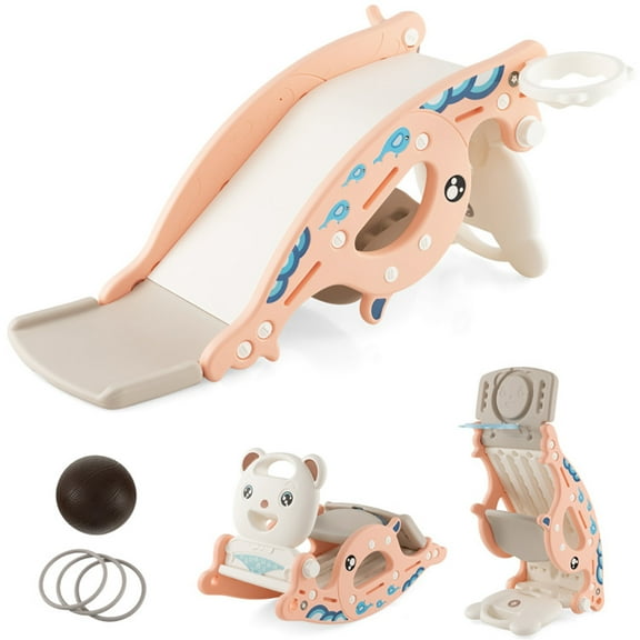 CIPACHO 4-in-1 Kids Slide Rocking Horse with Basketball and Ring Toss, Kids Outdoor Play Equipment, Pink