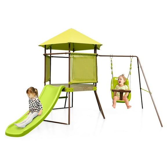 CIPACHO 4-in-1 Swing Set with Covered Playhouse Fort and Height Adjustable Baby Seat, Swingset Outdoor for Kids, Green