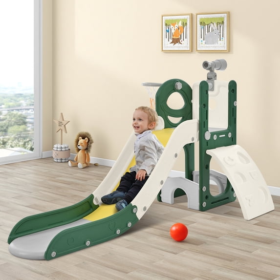 CIPACHO 5 in 1 Kids Slide Playset Structure, Kids Climbers Playground with Slide, Telescope and Basketball Hoop, Golf Holes for Toddlers, Yellow