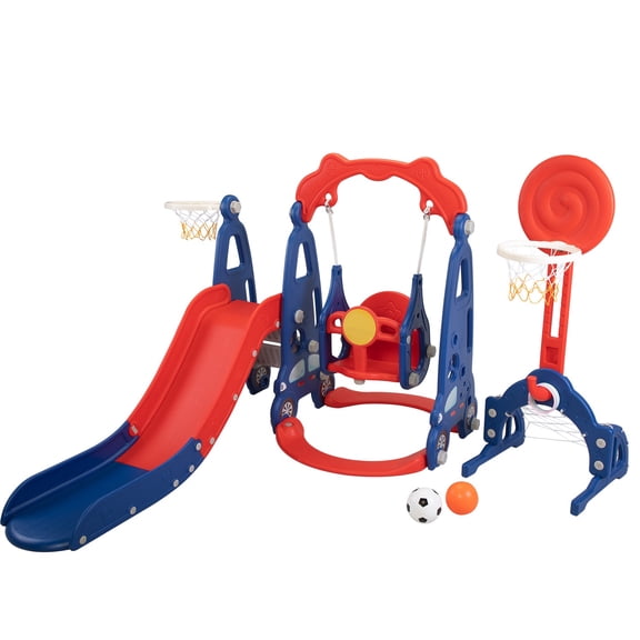 CIPACHO 5 in 1 Kids Slide and Swing Set with 2 Basketball Hoops, Football, Ringtoss, Indoor Outdoor, Red