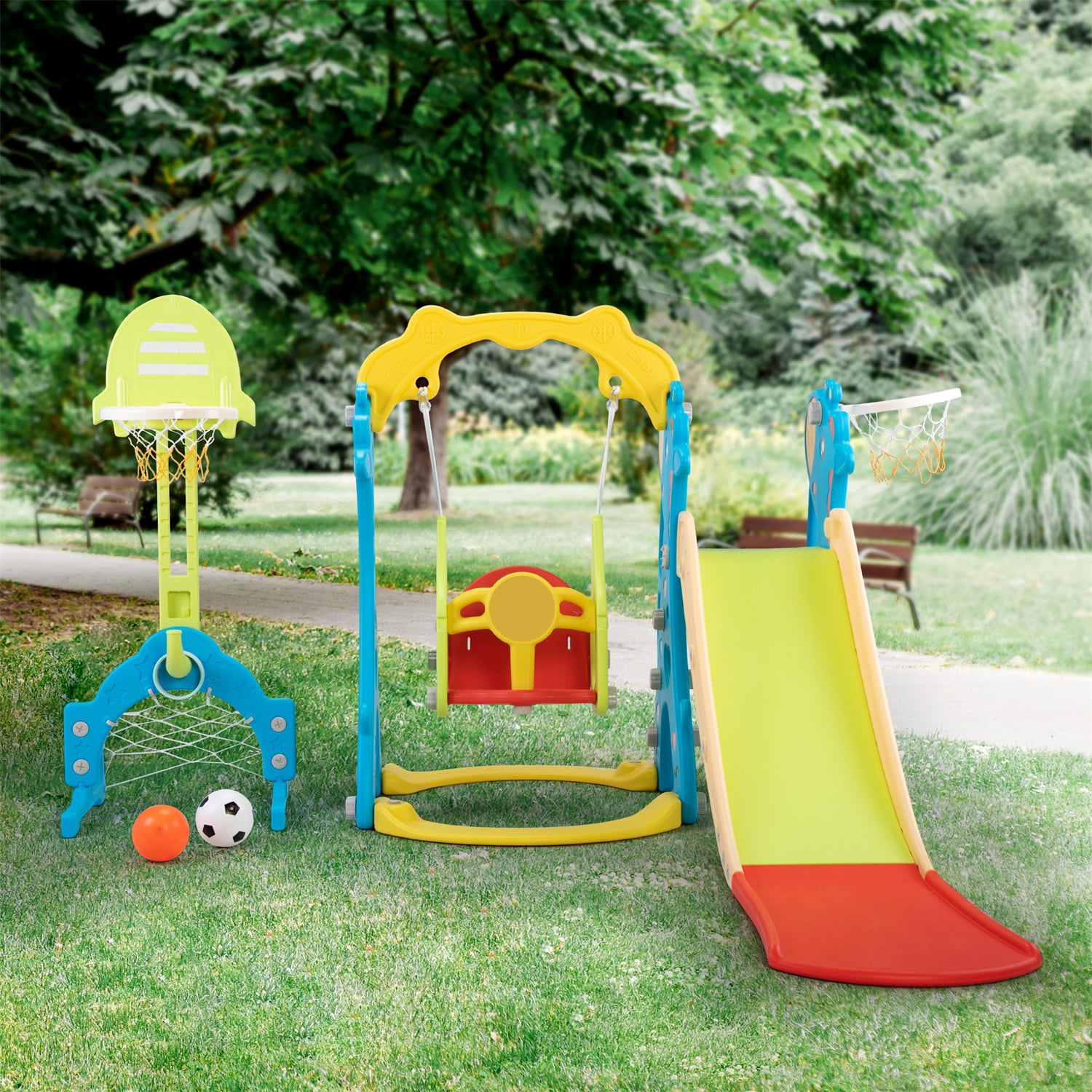CIPACHO 5 in 1 Kids Slide and Swing Set with 2 Basketball
