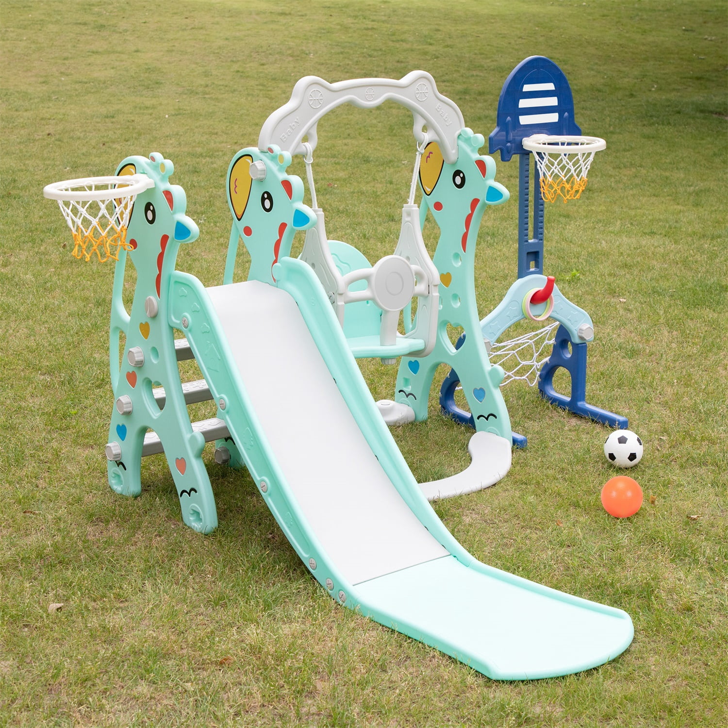 CIPACHO 5 in 1 Kids Slide and Swing Set with 2 Basketball Hoops, Football, Ringtoss for Toddlers 1-8 Years, Green