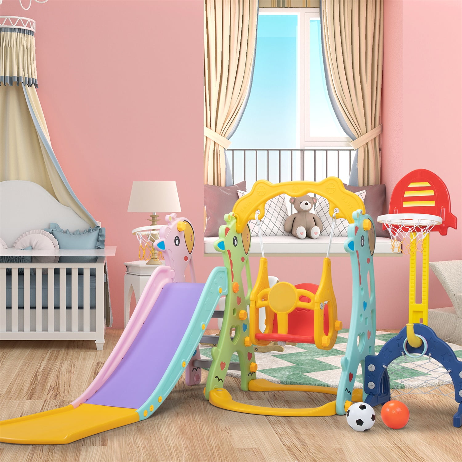 CIPACHO 5 in 1 Kids Slide and Swing Set with 2 Basketball Hoops, Football, Ringtoss for Toddlers 1-8 Years, Red + Yellow