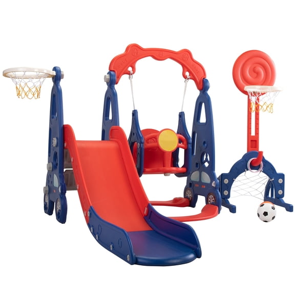 CIPACHO 5 in 1 Kids Slide and Swing Set with 2 Basketball Hoops, Football, Ringtoss for Toddlers 1-8 Years, Red