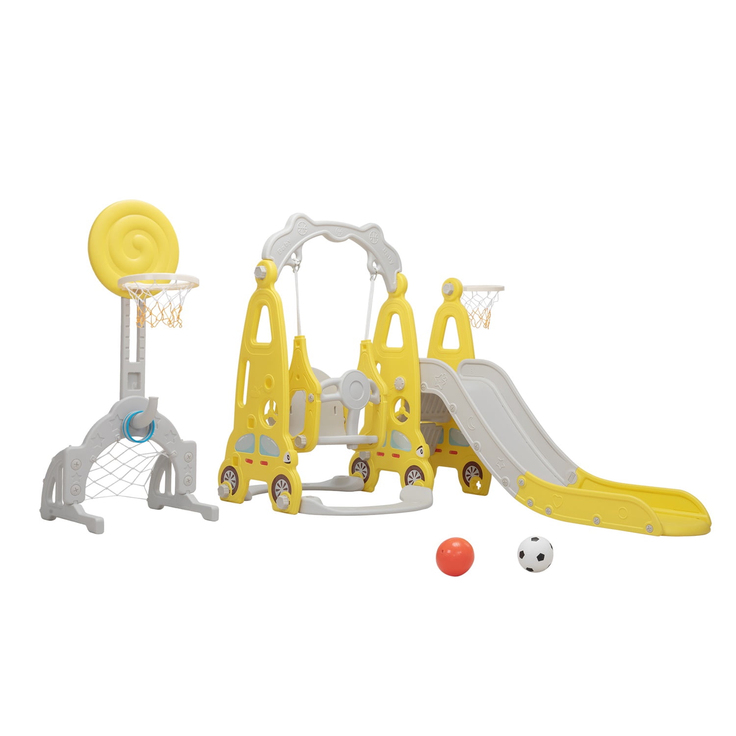 CIPACHO 5 in 1 Kids Slide and Swing Set with 2 Basketball Hoops, Football, Ringtoss for Toddlers 1-8 Years, Yellow