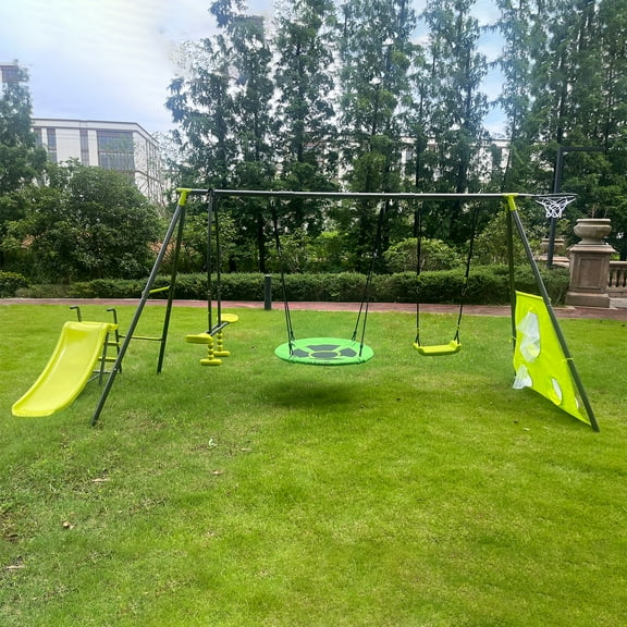 CIPACHO 6 Function Swingset with Slide, Basketball Frame, 152" A-Frame Metal Swing Toy Set for Age 3+, Green