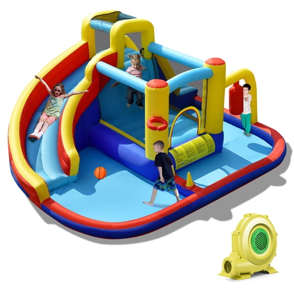 CIPACHO 7-in-1 Inflatable Water Slide with 735W Air Blower and Splash Pool, Bounce House Water Slide for Kids