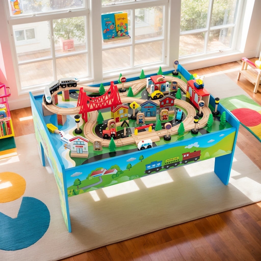 CIPACHO 80-Piece Wooden Train Set and Table, Toy Train for Boys & Girls ...