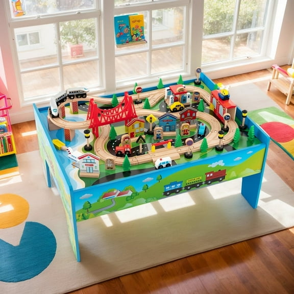 CIPACHO 80-Piece Wooden Train Set and Table, Toy Train for Boys & Girls, Railway Set Christmas Toys for Kids