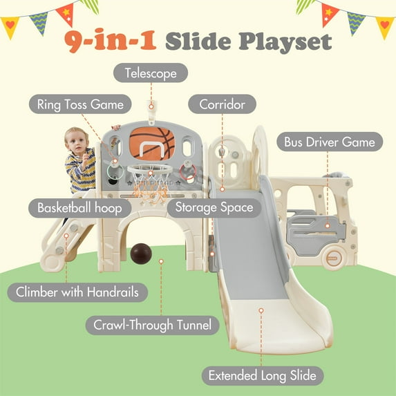 CIPACHO Bus Themed Slide Toys for Toddler Indoor Outdoor, Playsets Playground Sets for Backyards, Gray