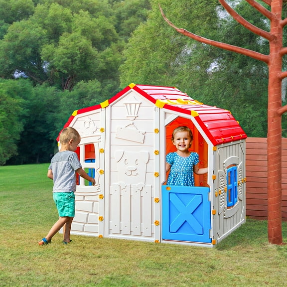 CIPACHO Cottage Kids Playhouse with Openable Windows and Working Door, Toddler Outdoor Playhouse, Red