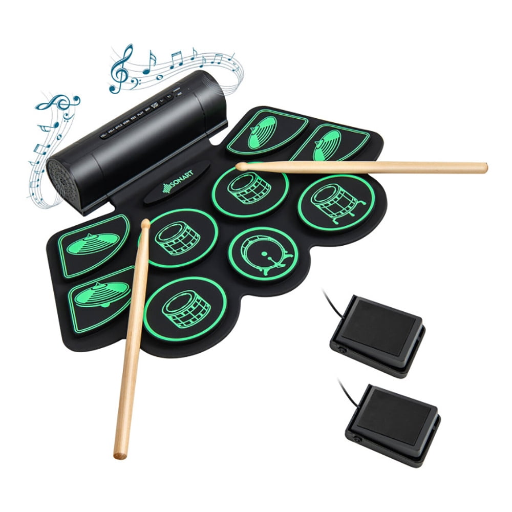 CIPACHO Electronic Drum Set with 2 Build-in Stereo Speakers for Kids, Roll-up Drum Pad for Kids, Great Holiday Xmas Birthday Gift, Green