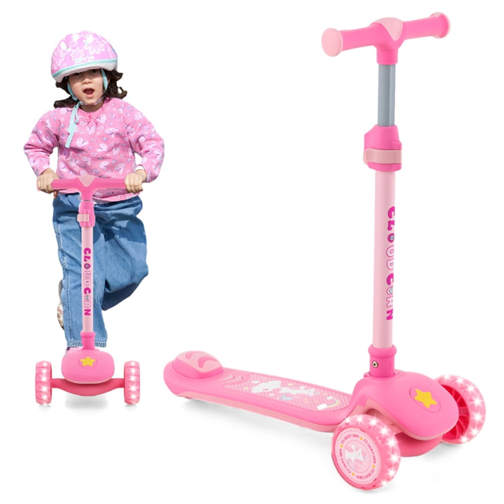 Folding Kids Scooter with Extra Wide Deck and LED Wheels - Purple