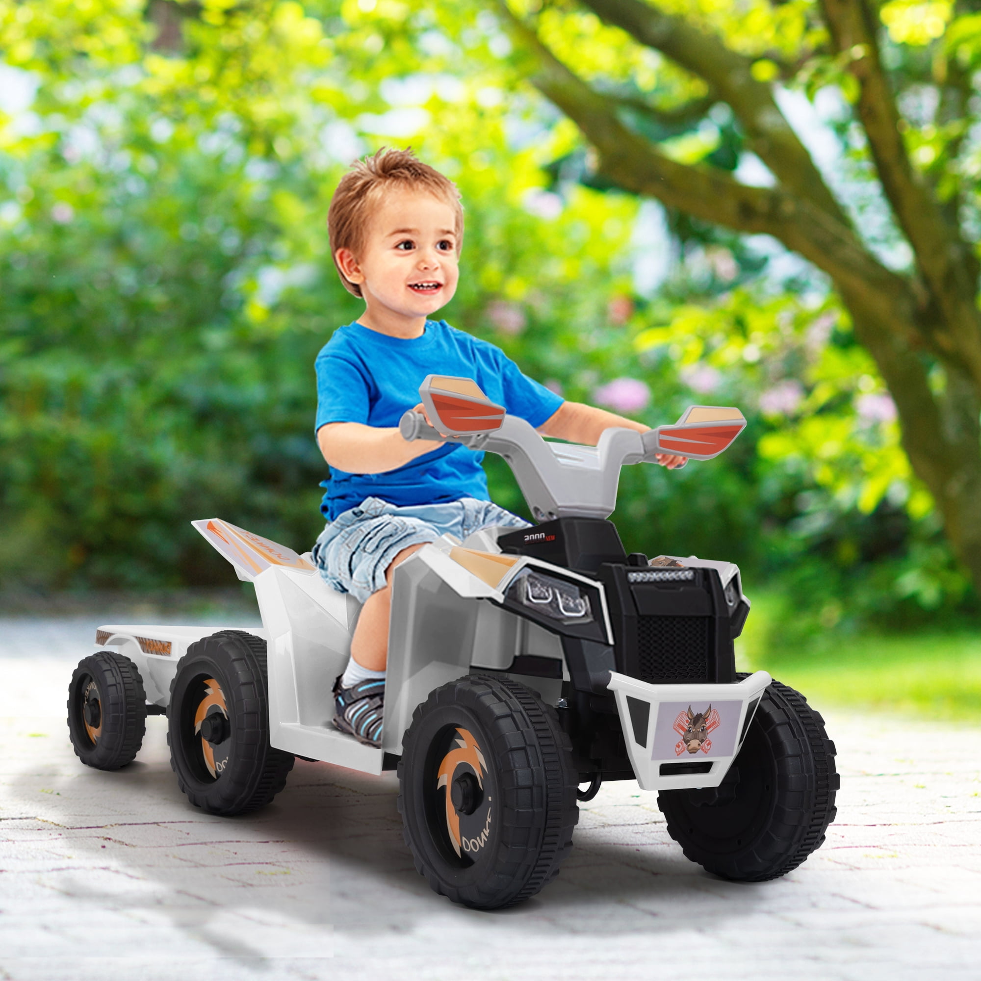 CIPACHO Kids ATV with Trailer, 6V Battery Powered Electric Quad, Motorized Ride On Mini Vehicle Car for Toddlers Boys Girls, White