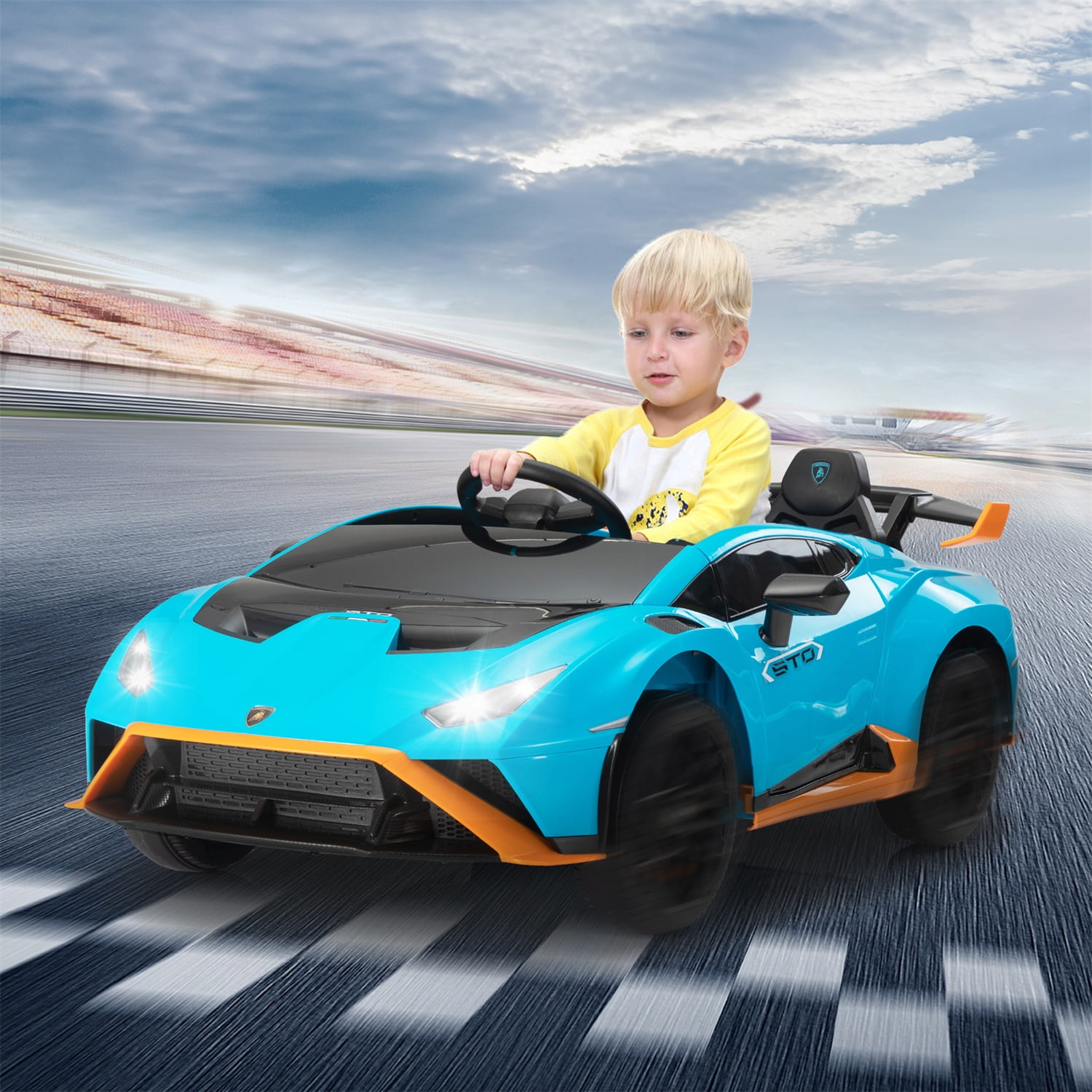 CIPACHO Kids Electric Ride On 12V Licensed Lamborghini Sto Sports Car Toy with 2 Speeds, Parent Control, Sound System, LED Headlights, Hydraulic Doors, Blue