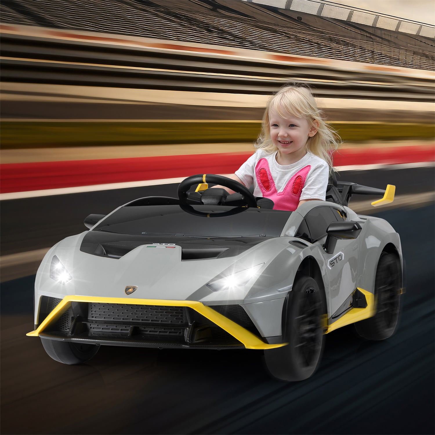 CIPACHO Kids Electric Ride On 12V Licensed Lamborghini Sto Sports Car Toy with 2 Speeds, Parent Control, Sound System, LED Headlights, Hydraulic Doors, Gray