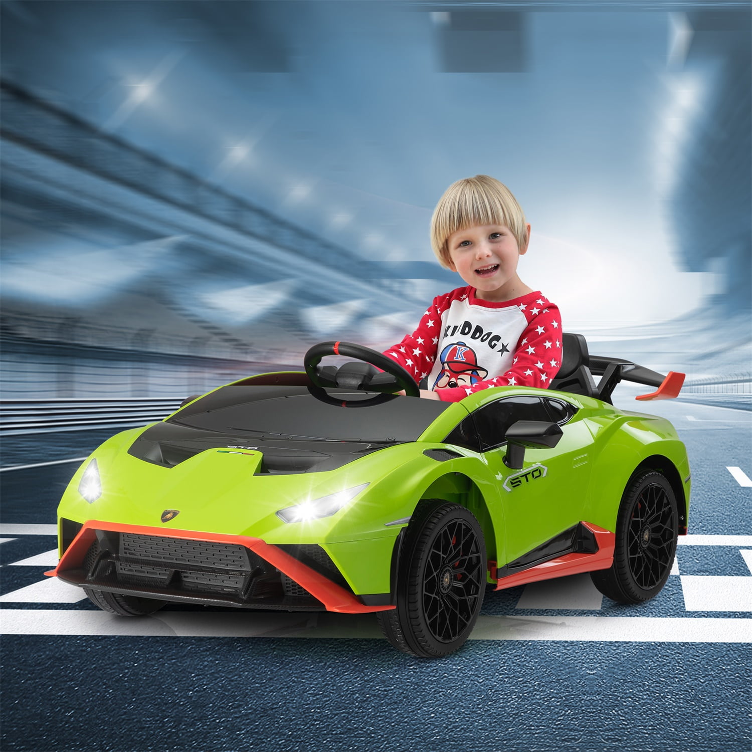 CIPACHO Kids Electric Ride On 12V Licensed Lamborghini Sto Sports Car Toy with 2 Speeds, Parent Control, Sound System, LED Headlights, Hydraulic Doors, Green
