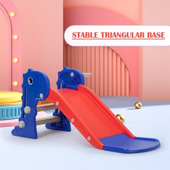 CIPACHO Kids Folding Slide Set, Dinosaur Pattern Toys, Indoor Outdoor Toddler Playground with Basketball Hoop, Ball, Red