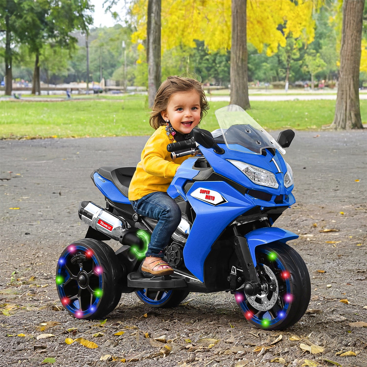CIPACHO Kids Motorcycle 12V Ride On Car Toy with 3 Lighting Wheel Battery Powered Trike Motorbike for Kids 3 and Up, Blue