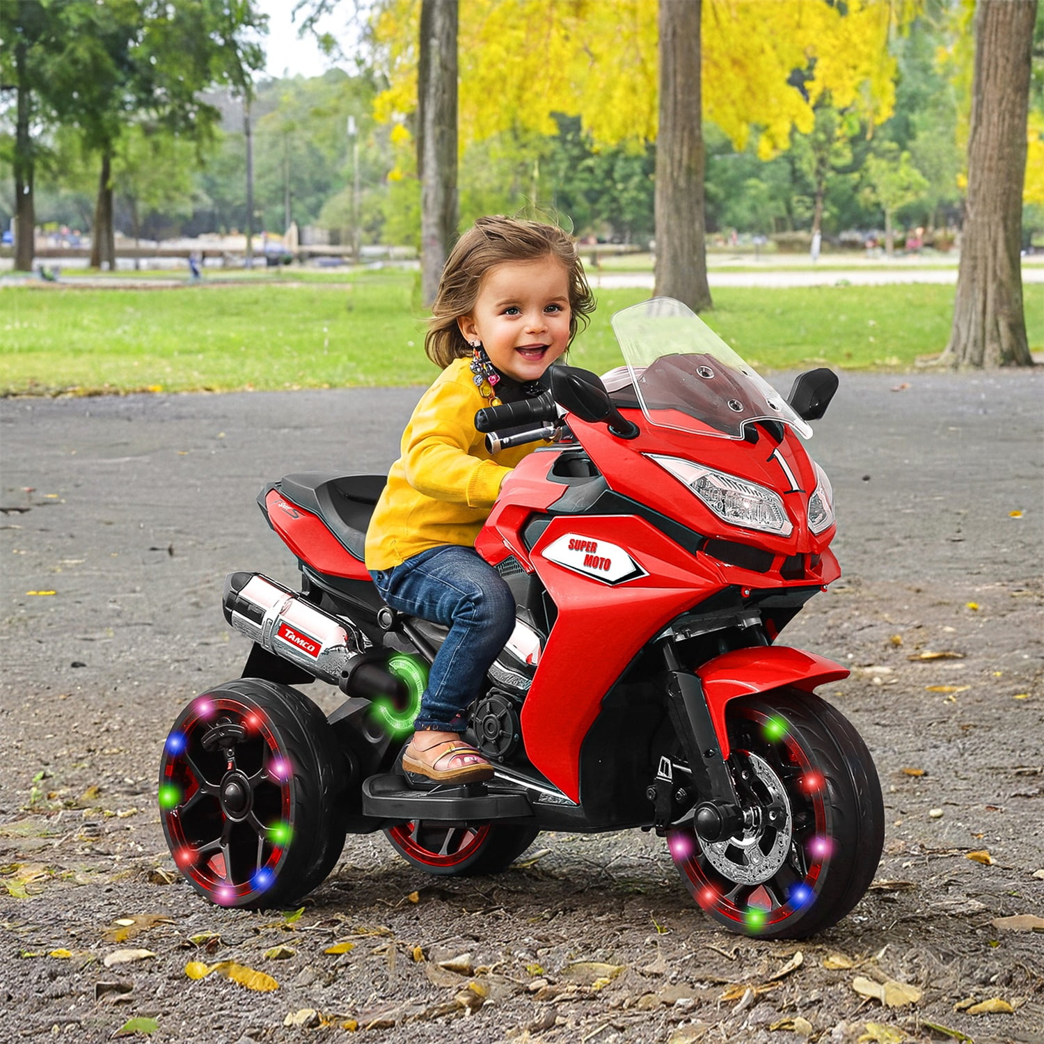 CIPACHO Kids Motorcycle 12V Ride On Car Toy with 3 Lighting Wheel Battery Powered Trike Motorbike for Kids 3 and Up, Red