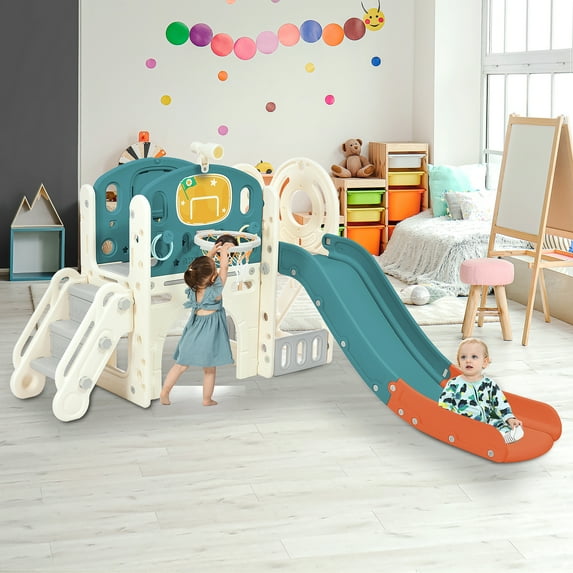 CIPACHO Kids Slide Playset, Freestanding Castle Climbing Crawling Playhouse with Slide, Arch Tunnel, Ring Toss, and Basketball Hoop, Toy Storage Spaces for Toddlers, Blue