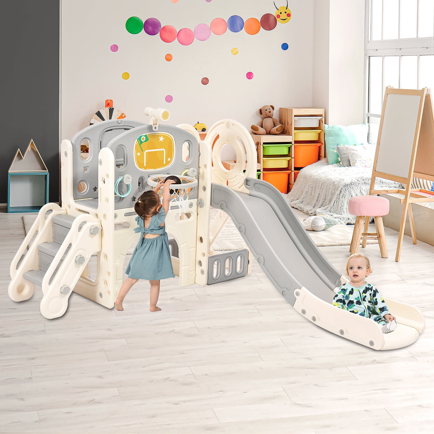 6-in-1 Freestanding Kids Slide with Basketball Hoop and Ring Toss